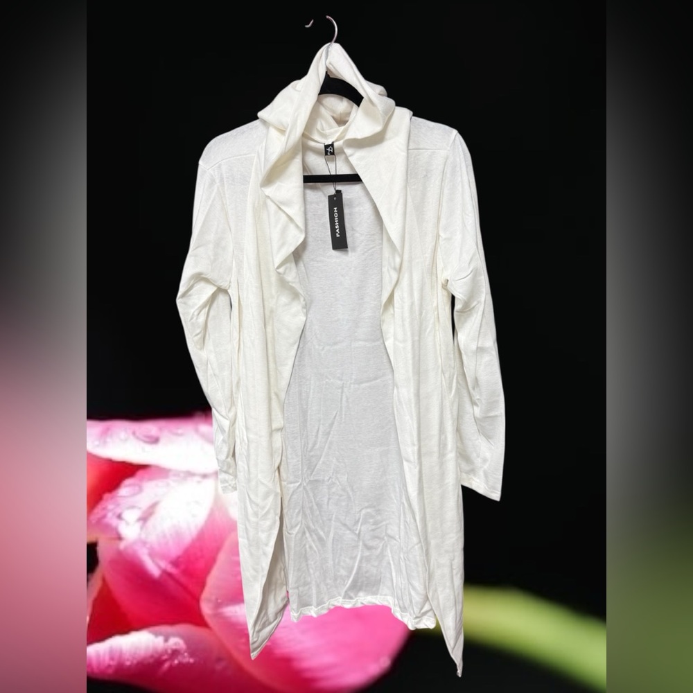 Women’s size small open front hoodie duster cardigan solid ivory tunic pockets